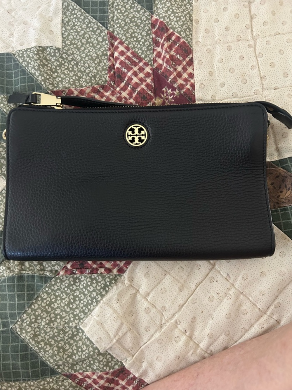 Tory Burch Black Leather Zip Crossbody Bag with Gold Logo